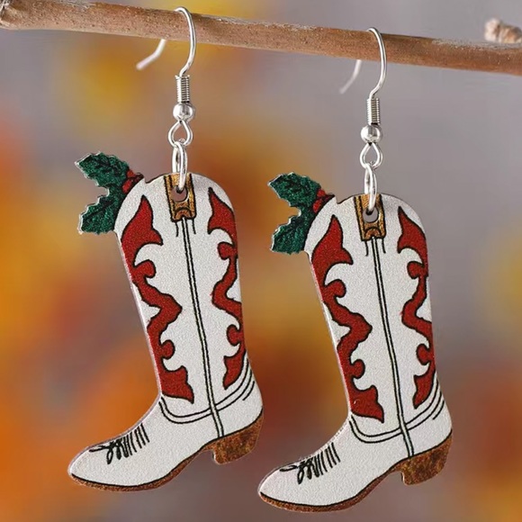 Wooden Christmas Cowboy Boot Earrings - Picture 3 of 4